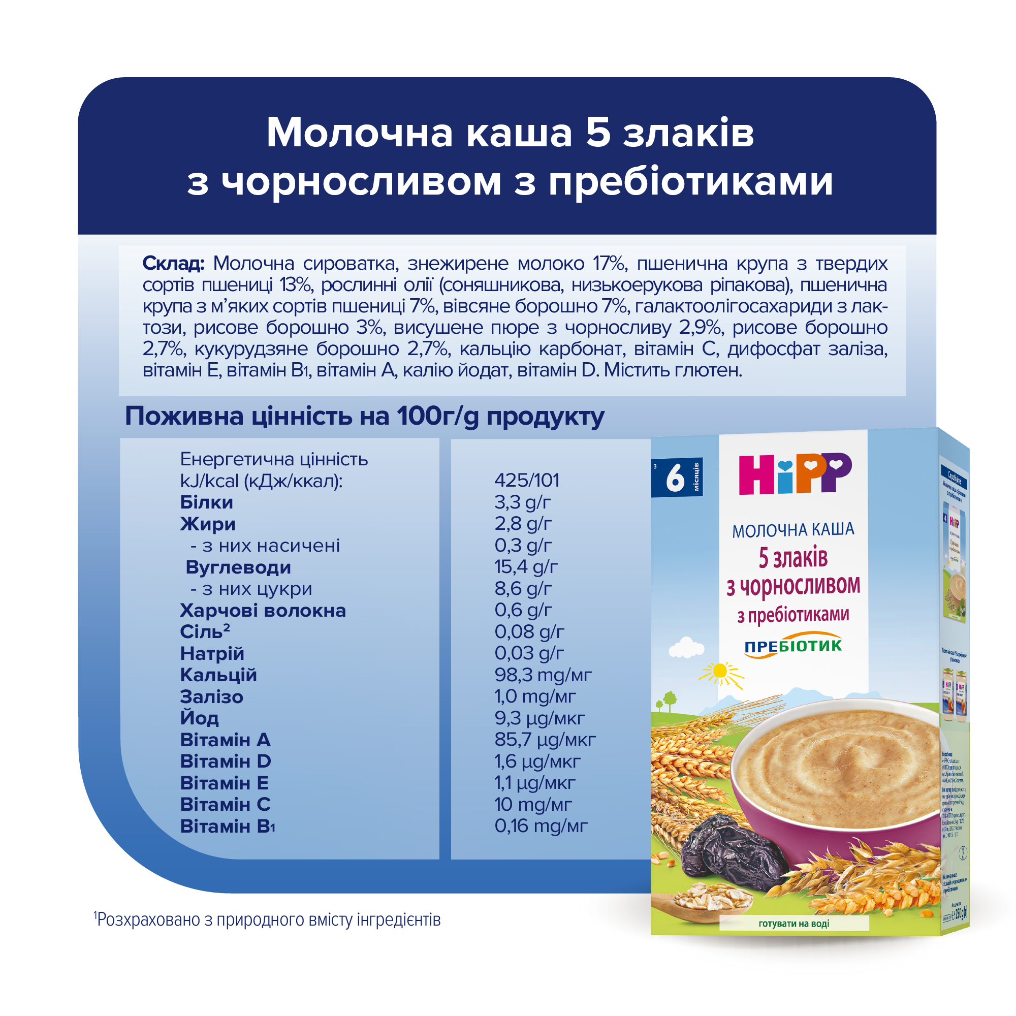 HiPP Молочна каша "5 злаків з чорносливом" з пребіотиками з 6 місяців, 250г