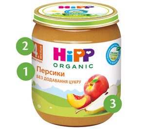 Фруктове пюре Персики HiPP з 4х місяців з цифровим маркуванням окремих елементів етикетки